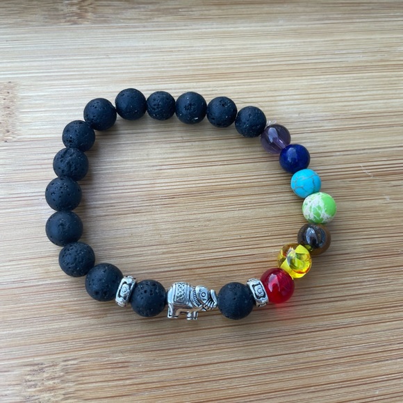 Hand Crafted Jewelry - Rainbow Chakra Black Lava Stone Silver Elephant Bracelet